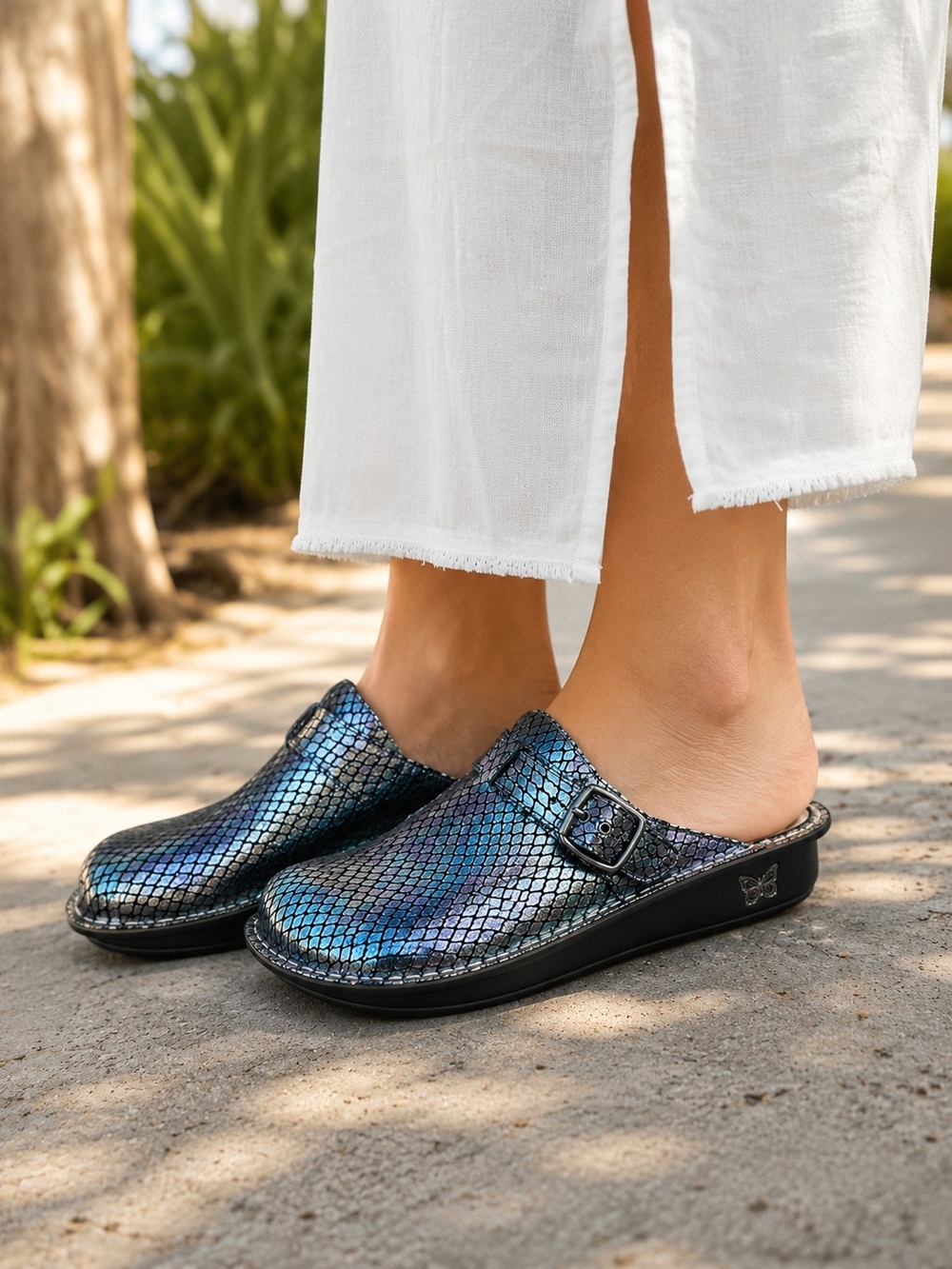 Alegria Iridescent Blue-Green Snakeprint Clogs